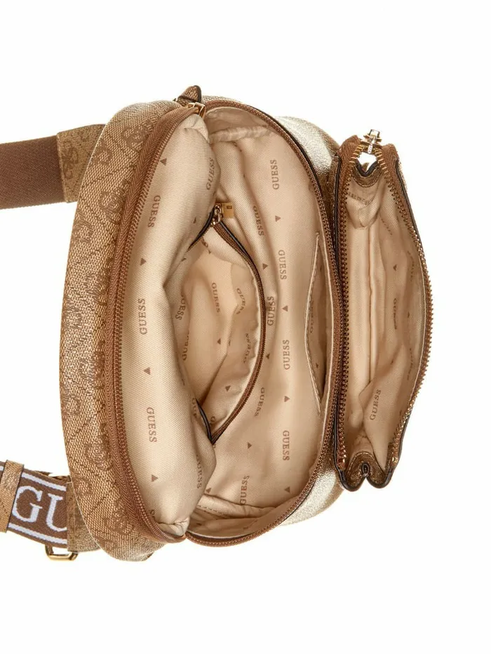 Luggage and Travel Bags WomenMen GUESS Power Play Quattro G Mini Sling Bag Latte Logo