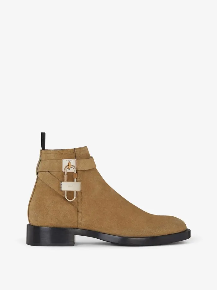 Men Boots and Loafers Givenchy Lock Ankle Boots In Suede Light Brown