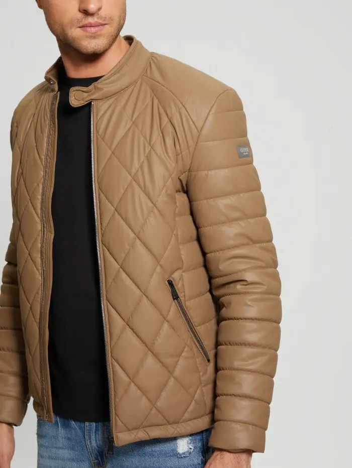 Men Diamond Quilted FauxLeather Jacket English Cake Jackets and Coats GUESS