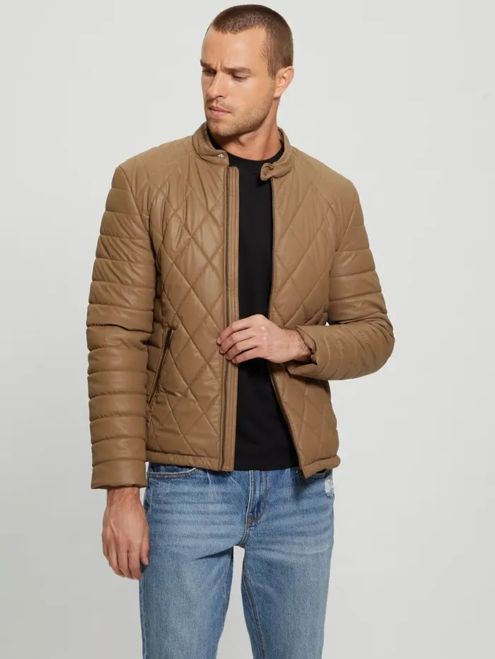 Men Diamond Quilted FauxLeather Jacket English Cake Jackets and Coats GUESS