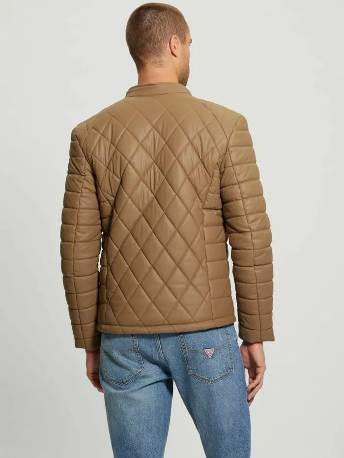 Men Diamond Quilted FauxLeather Jacket English Cake Jackets and Coats GUESS