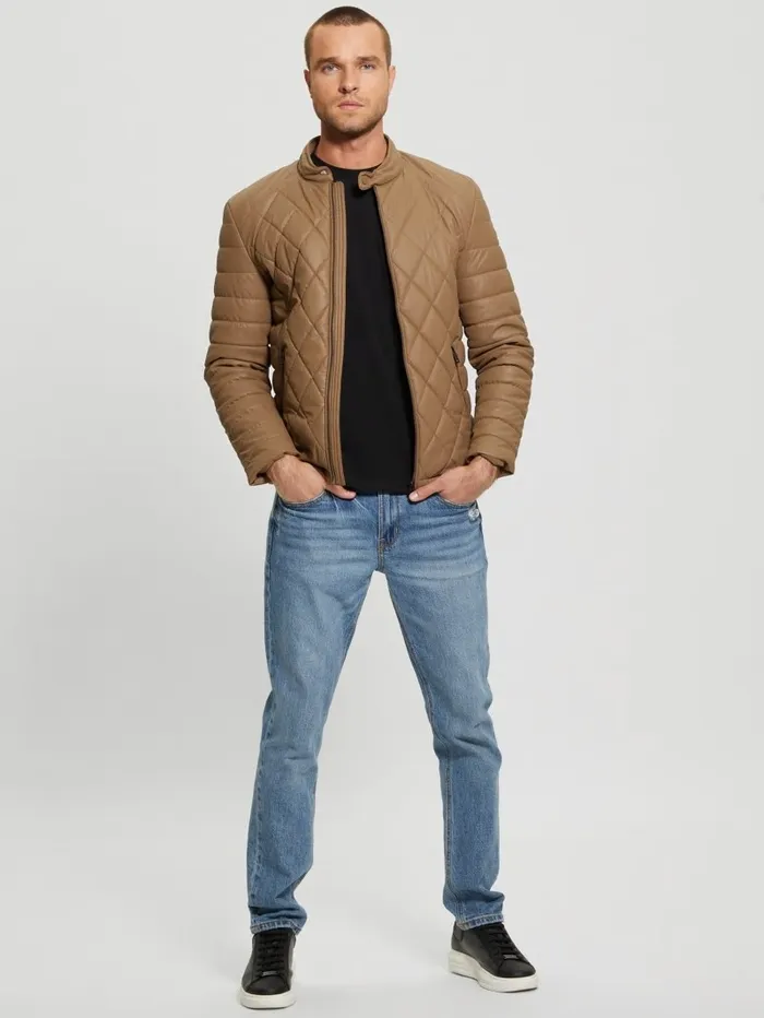 Men Diamond Quilted FauxLeather Jacket English Cake Jackets and Coats GUESS