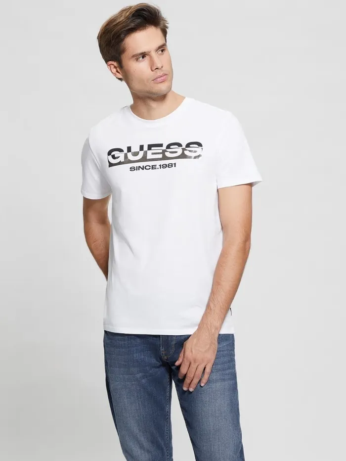 Men Eco MetallicAccented Tee Pure White TShirts and Tanks GUESS Men Eco MetallicAccented Tee Pure White TShirts and Tanks GUESS