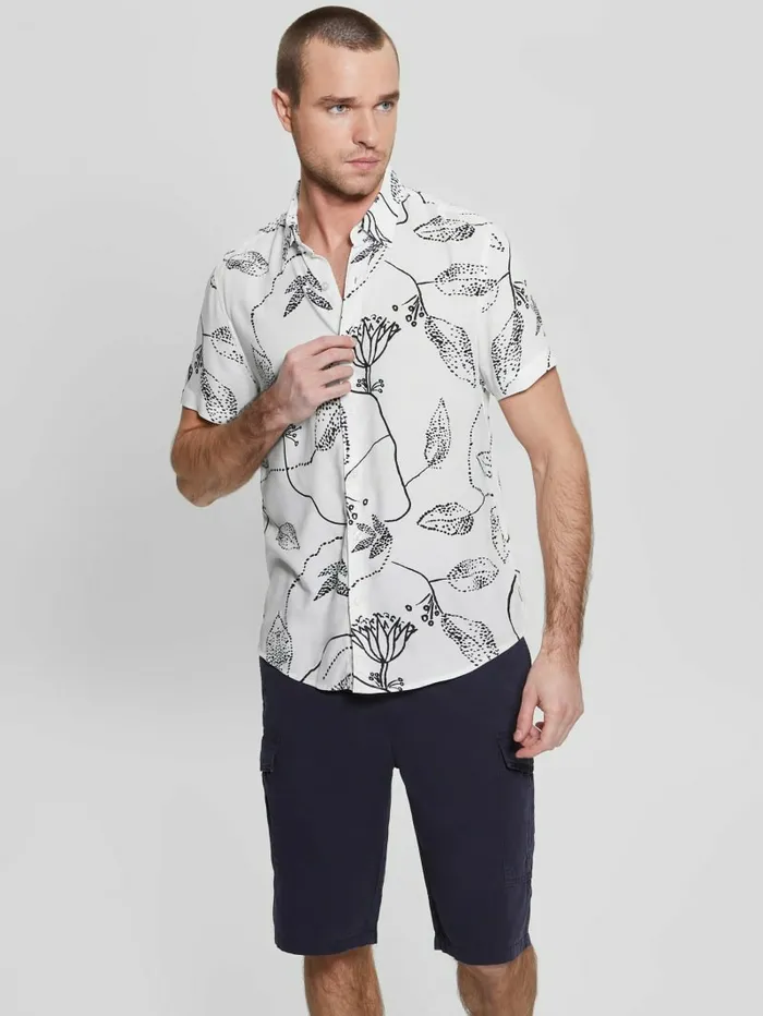 Men Eco Rayon Stencil Flower Shirt Stencil Floral Salt White Shirts GUESS