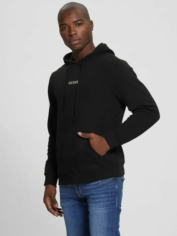 Men Eco Roy Embroidered Logo Hoodie Black Hoodies and Sweaters GUESS