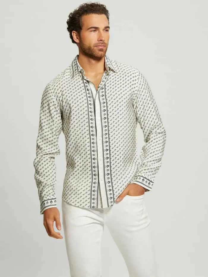 Men Eco Sandwash Bandana Shirt Sashiko Bandana Off White Shirts GUESS