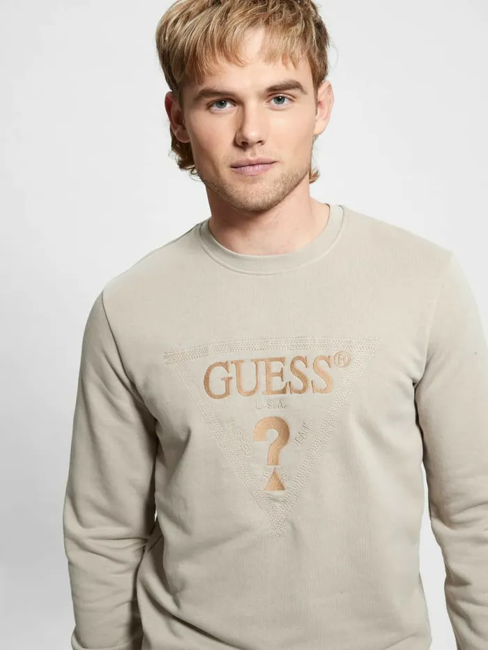 Men GUESS Eco Embroidered Sweatshirt Pasadena Stone Hoodies and Sweaters