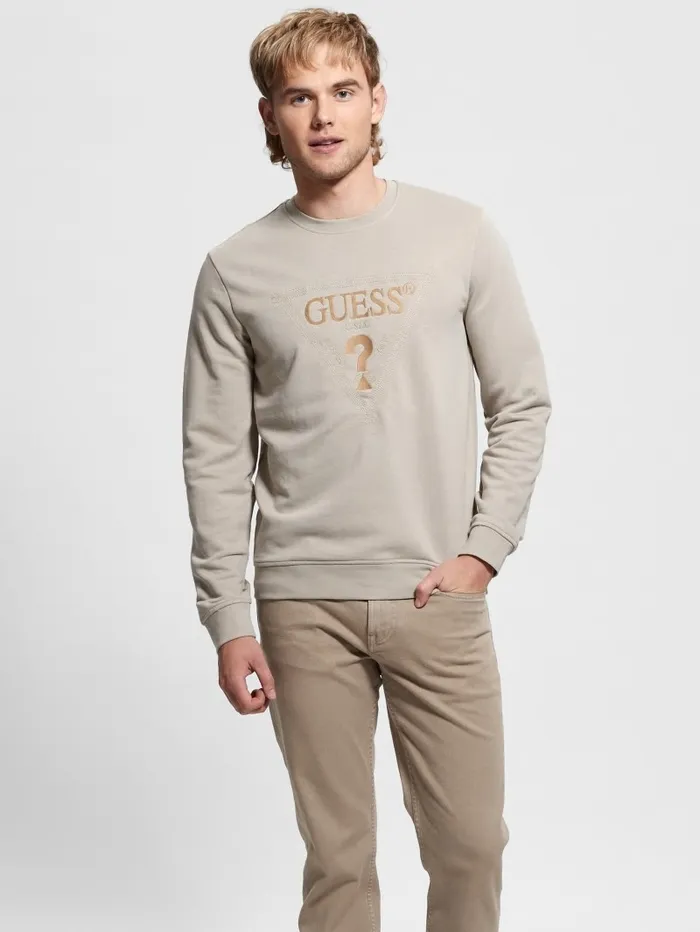 Men GUESS Eco Embroidered Sweatshirt Pasadena Stone Hoodies and Sweaters