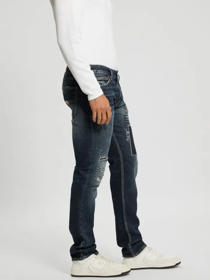 Men GUESS Eco Slim Distressed Tapered Pants Western Blue Jeans and Denim Men GUESS Eco Slim Distressed Tapered Pants Western Blue Jeans and Denim