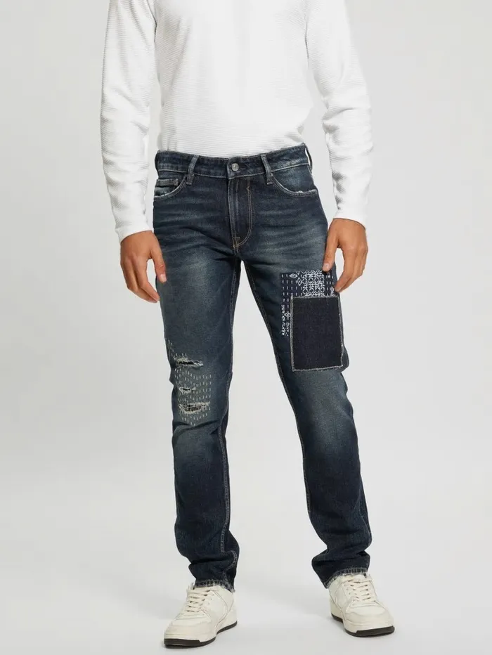 Men GUESS Eco Slim Distressed Tapered Pants Western Blue Jeans and Denim Men GUESS Eco Slim Distressed Tapered Pants Western Blue Jeans and Denim