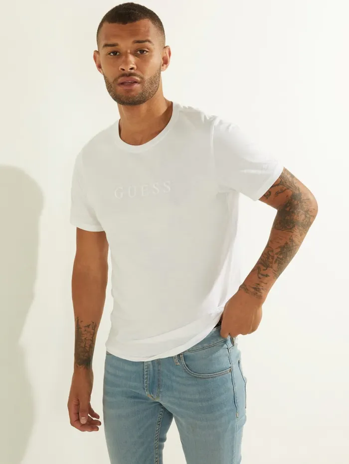 Men GUESS Embroidered Logo Tee Pure White TShirts and Tanks