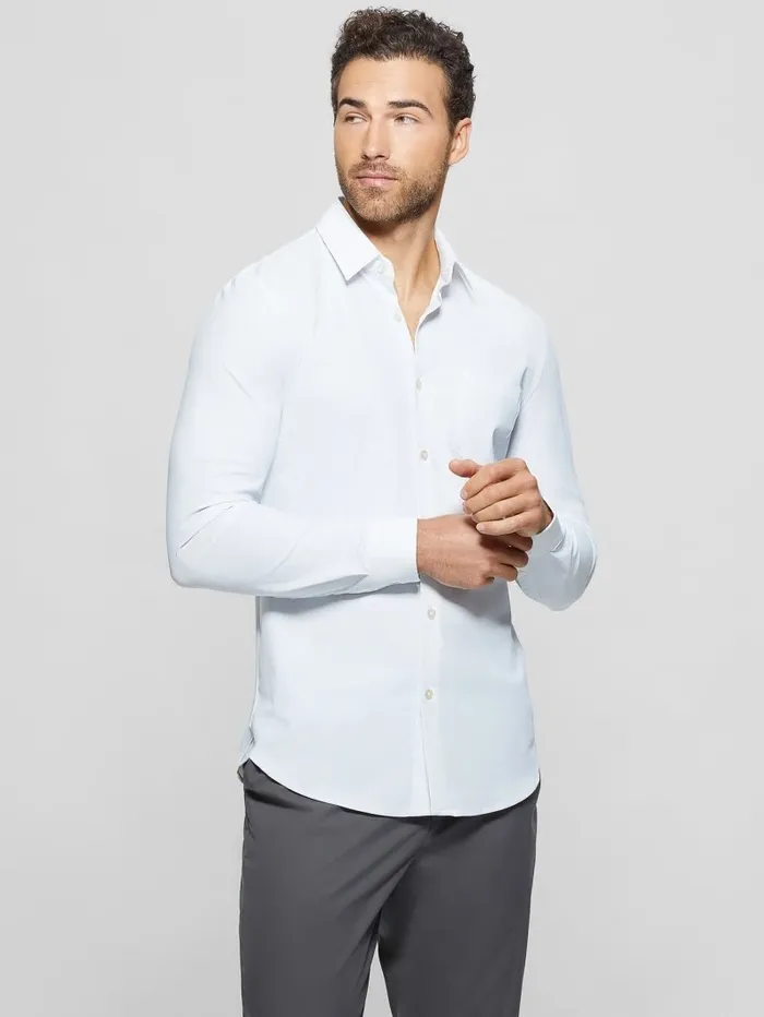 Men GUESS Sunset TechStretch Shirt Micro Dots Blue And White Shirts Men GUESS Sunset TechStretch Shirt Micro Dots Blue And White Shirts