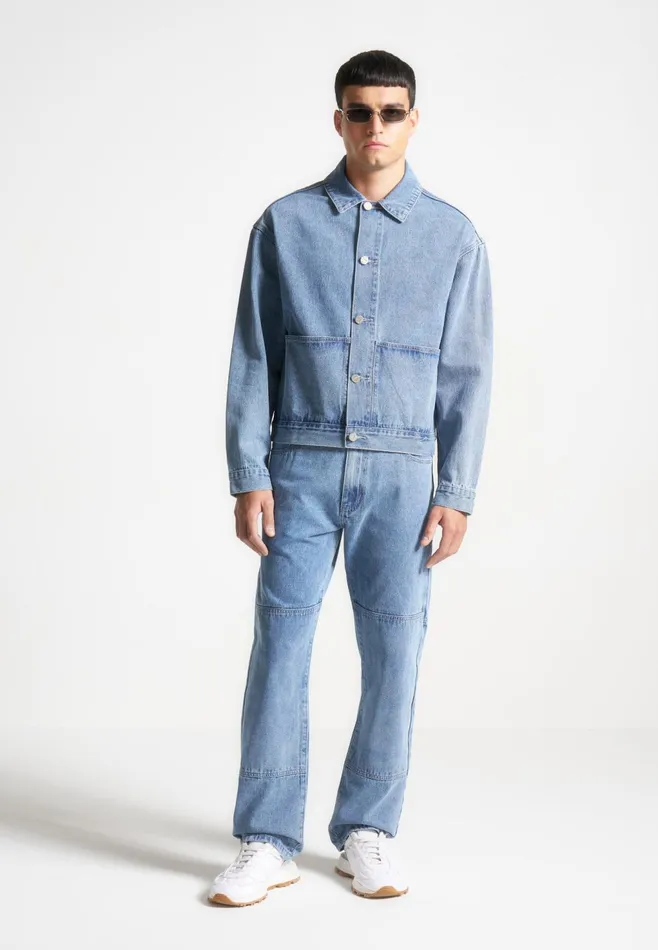 Men Manire De Voir Contrast Stitch Carpenter Jean Mid Blue