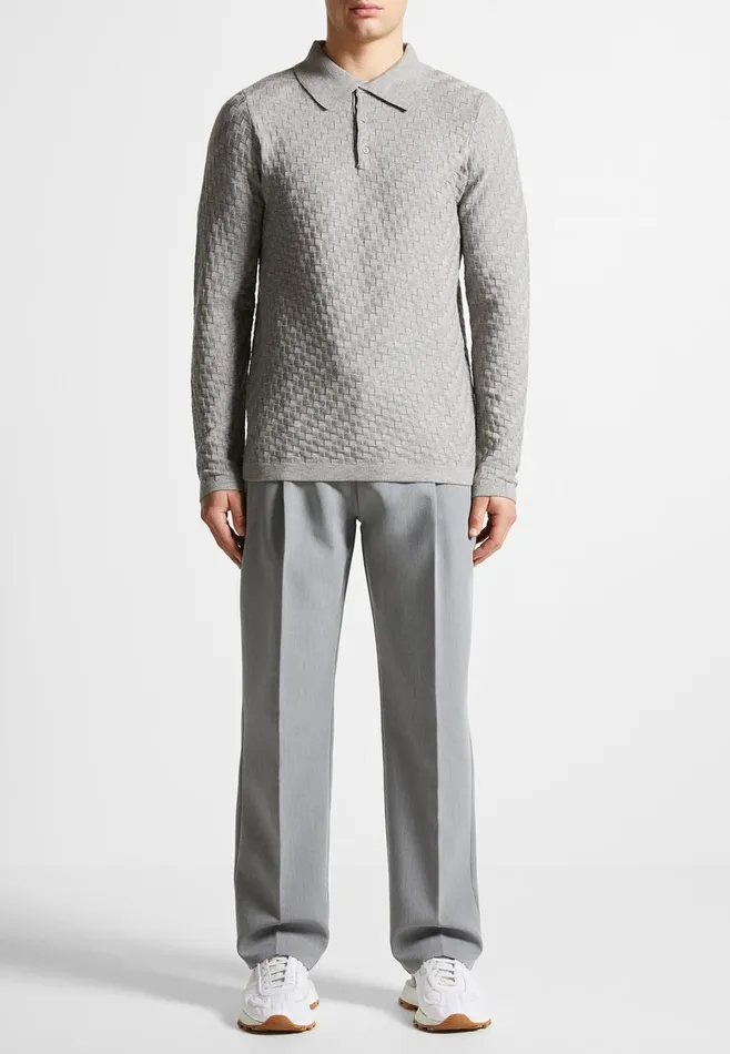 Men Manire De Voir Cotton Blend Waffle Knit Long Sleeve Polo Top Grey