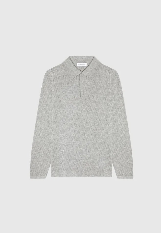 Men Manire De Voir Cotton Blend Waffle Knit Long Sleeve Polo Top Grey