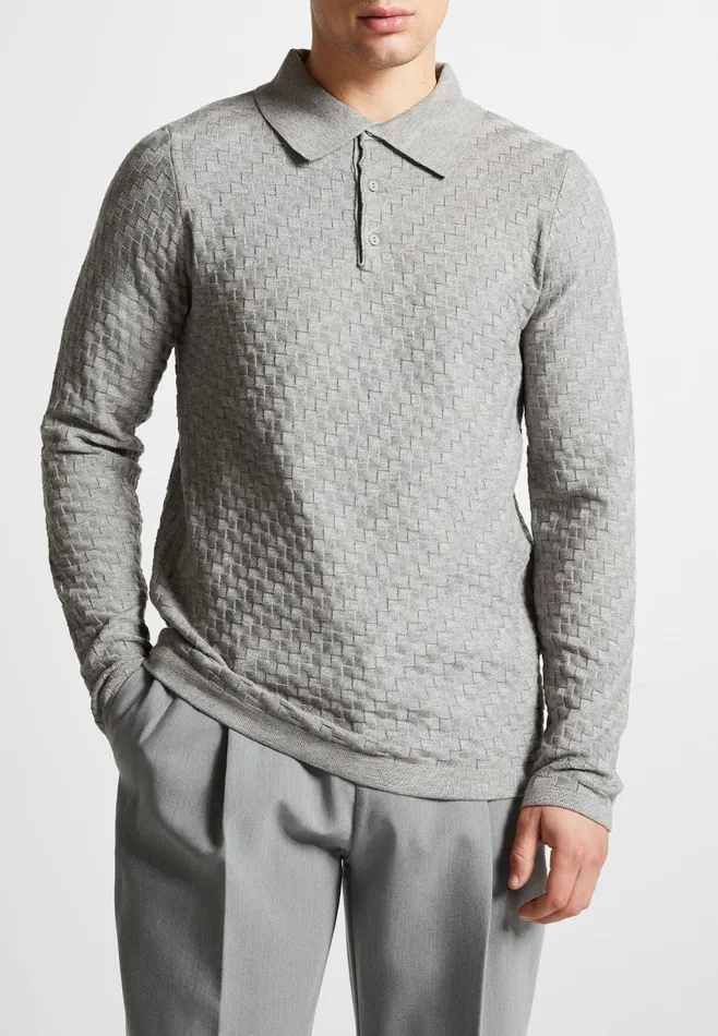 Men Manire De Voir Cotton Blend Waffle Knit Long Sleeve Polo Top Grey