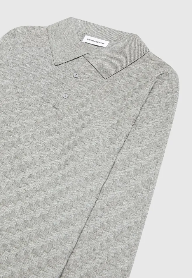 Men Manire De Voir Cotton Blend Waffle Knit Long Sleeve Polo Top Grey