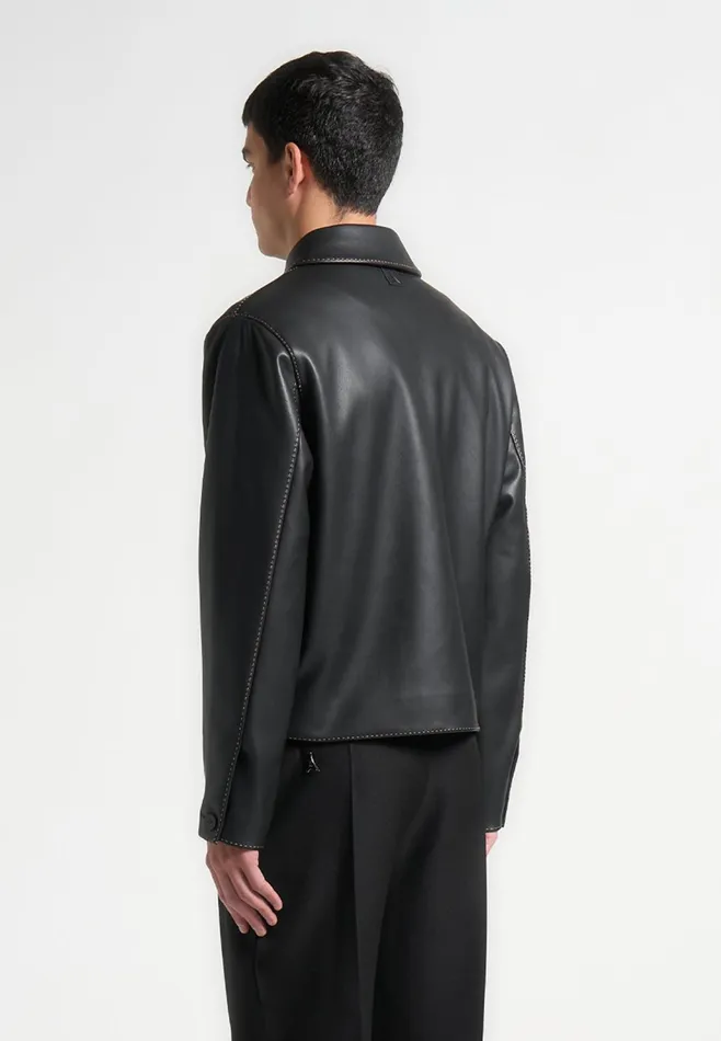 Men Manire De Voir Leather Contrast Stitch Jacket Black