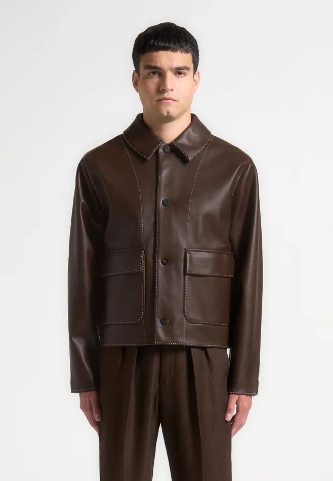 Men Manire De Voir Leather Contrast Stitch Jacket Brown
