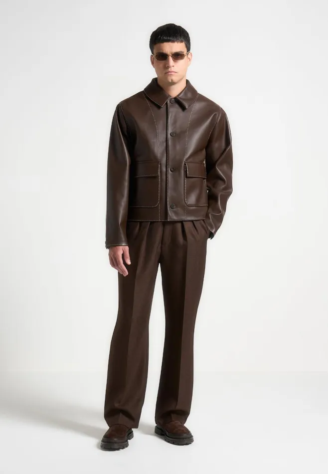 Men Manire De Voir Leather Contrast Stitch Jacket Brown