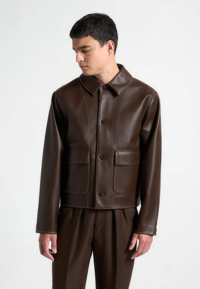 Men Manire De Voir Leather Contrast Stitch Jacket Brown