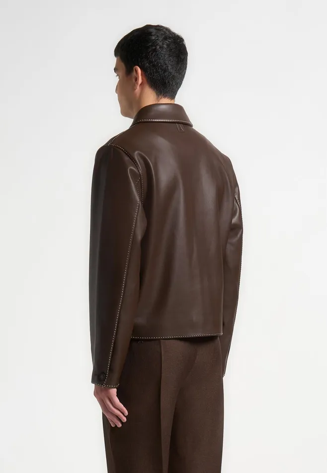Men Manire De Voir Leather Contrast Stitch Jacket Brown