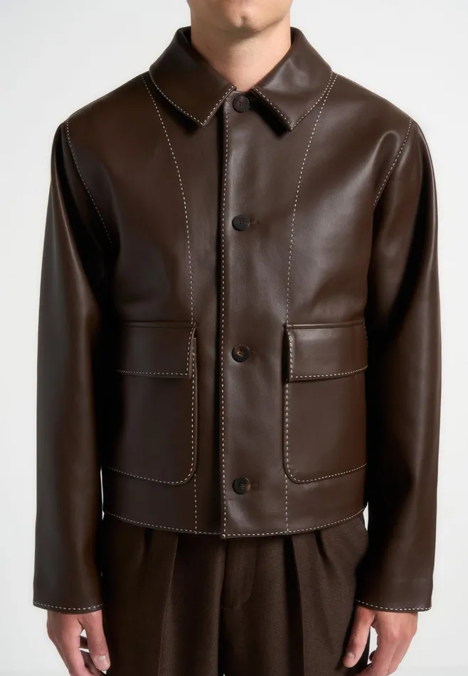 Men Manire De Voir Leather Contrast Stitch Jacket Brown