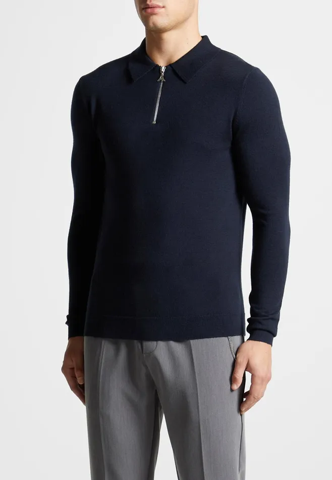 Men Manire De Voir Merino Wool Long Sleeve Polo Top With Zip Navy