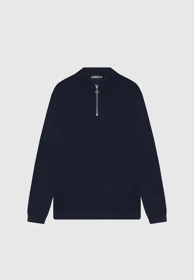 Men Manire De Voir Merino Wool Long Sleeve Polo Top With Zip Navy