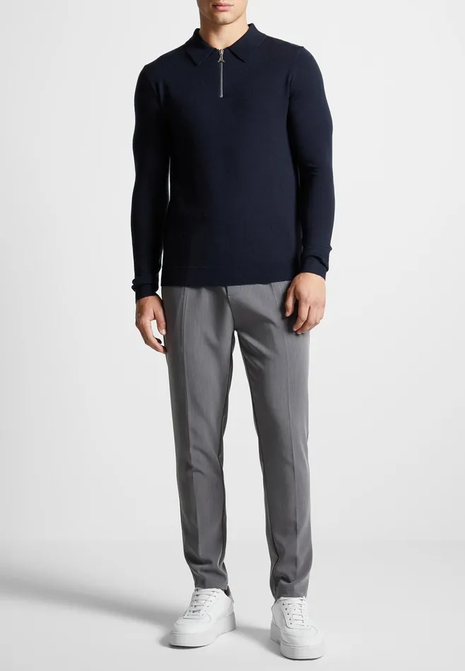 Men Manire De Voir Merino Wool Long Sleeve Polo Top With Zip Navy