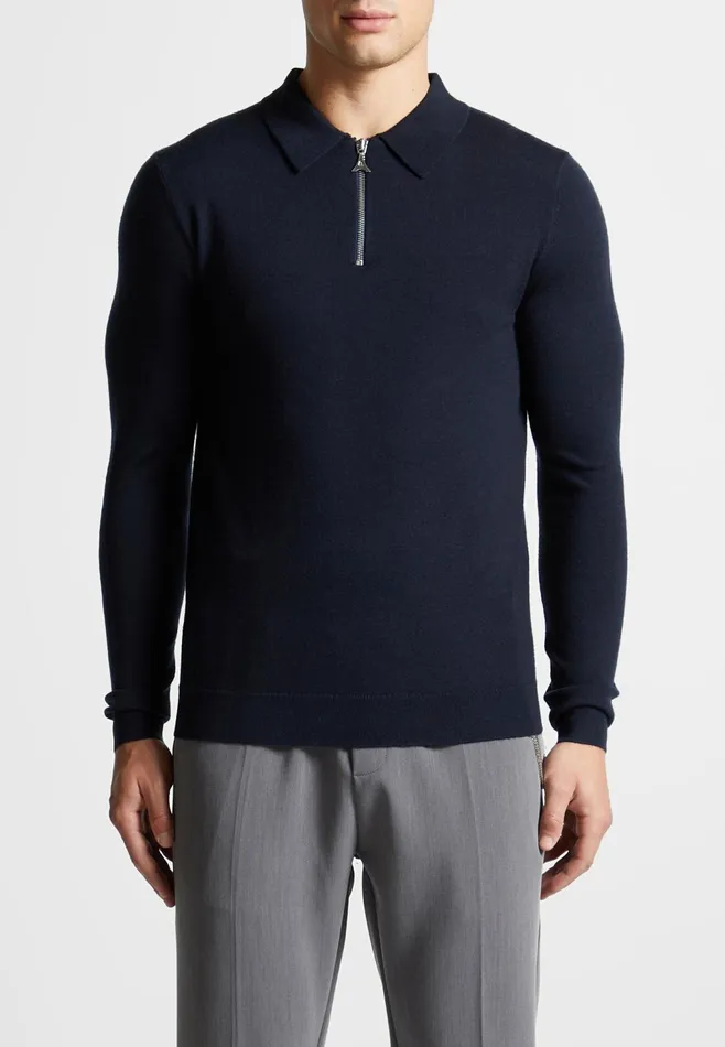 Men Manire De Voir Merino Wool Long Sleeve Polo Top With Zip Navy