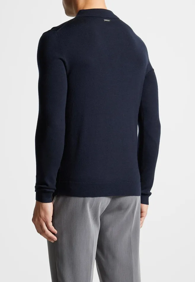 Men Manire De Voir Merino Wool Long Sleeve Polo Top With Zip Navy