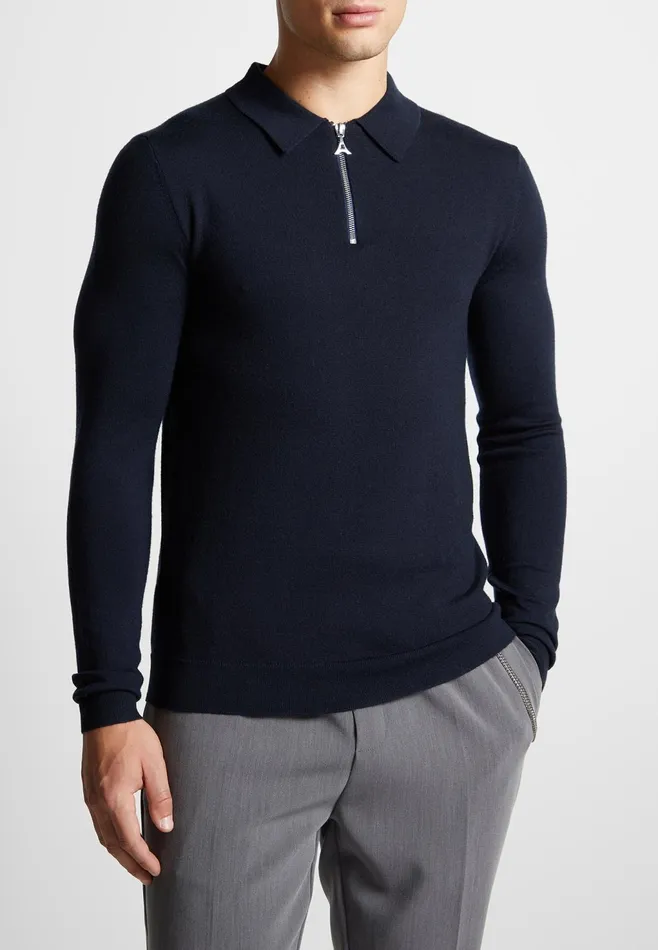 Men Manire De Voir Merino Wool Long Sleeve Polo Top With Zip Navy