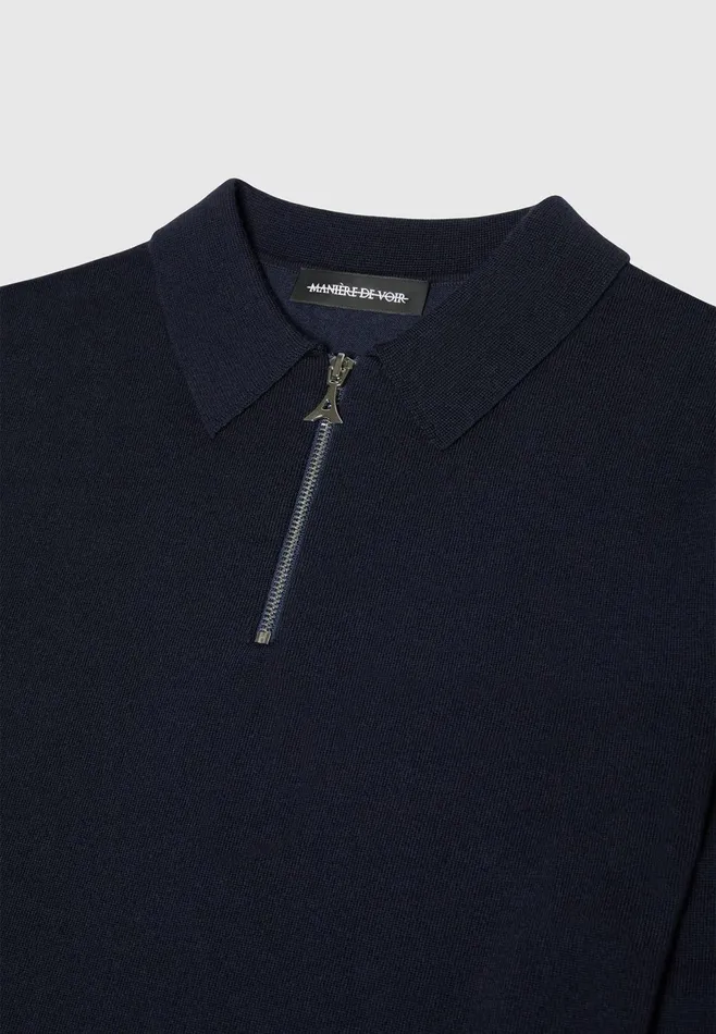 Men Manire De Voir Merino Wool Long Sleeve Polo Top With Zip Navy