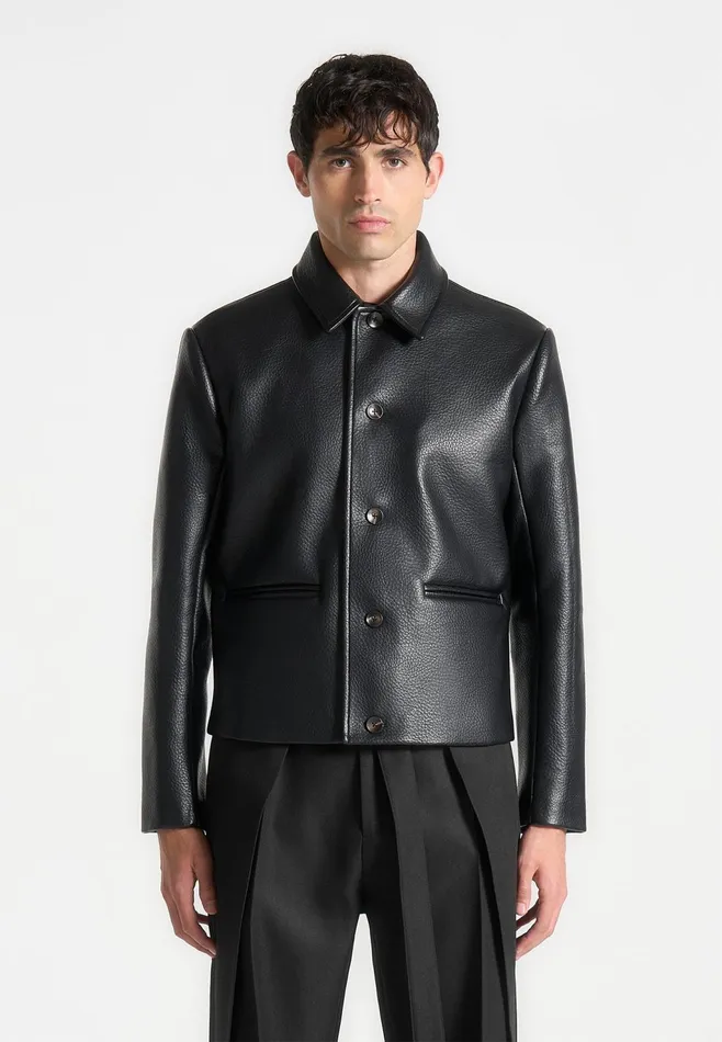 Men Manire De Voir Pebbled Leather Jacket Black
