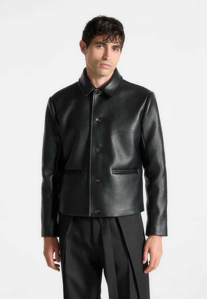 Men Manire De Voir Pebbled Leather Jacket Black