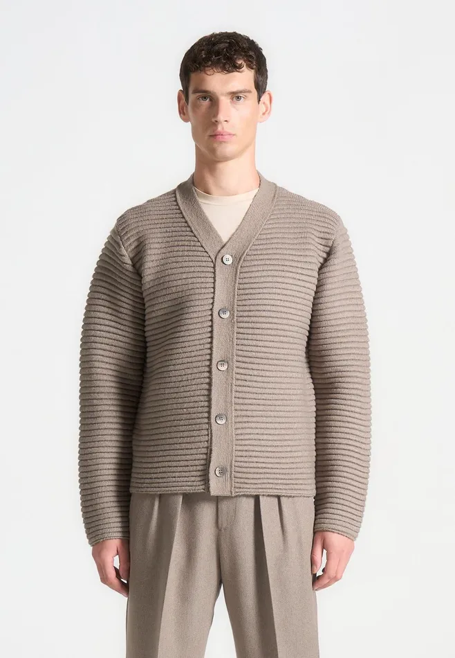 Men Manire De Voir Ribbed Knit Cardigan Taupe