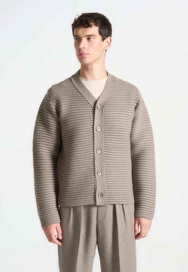 Men Manire De Voir Ribbed Knit Cardigan Taupe