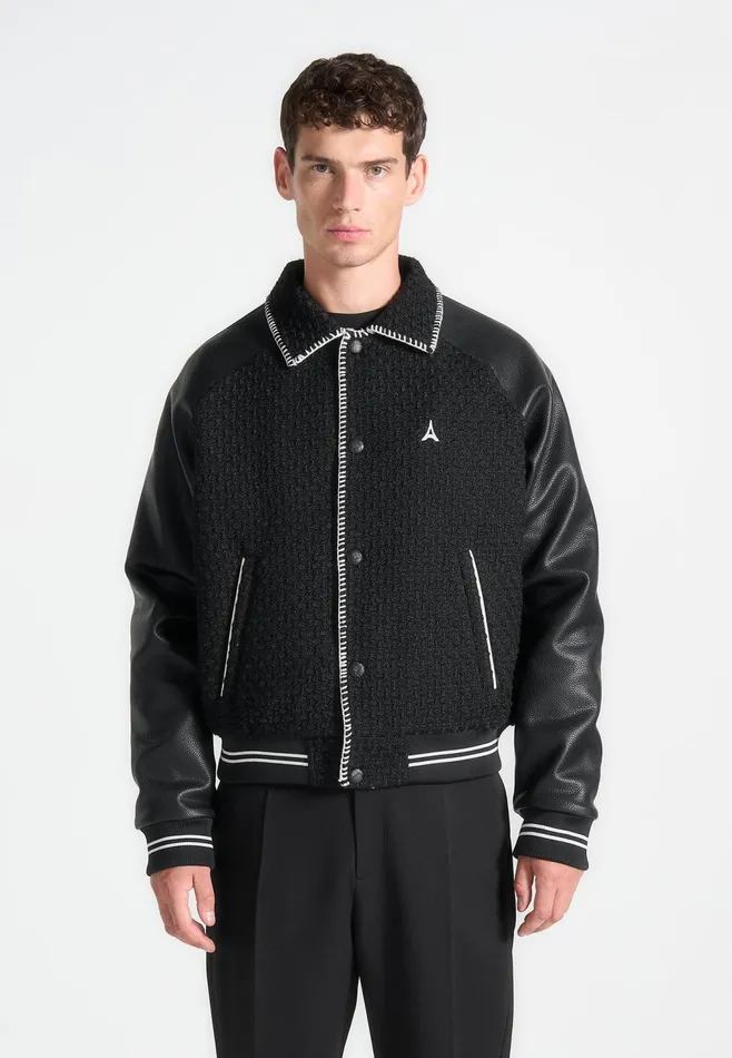 Men Manire De Voir Tweed and Leather Varsity Jacket Black
