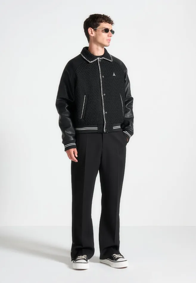 Men Manire De Voir Tweed and Leather Varsity Jacket Black