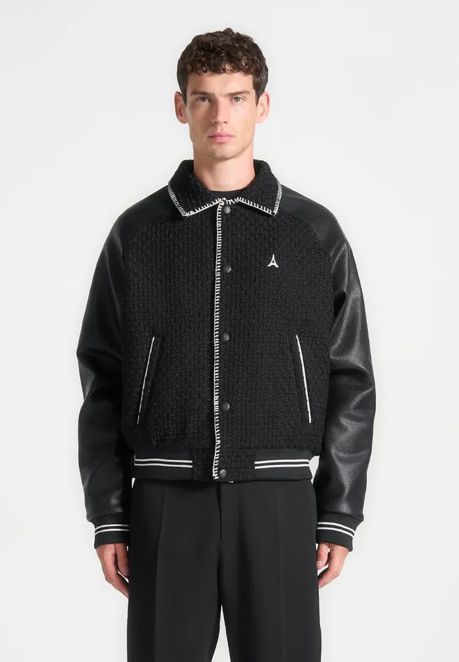 Men Manire De Voir Tweed and Leather Varsity Jacket Black