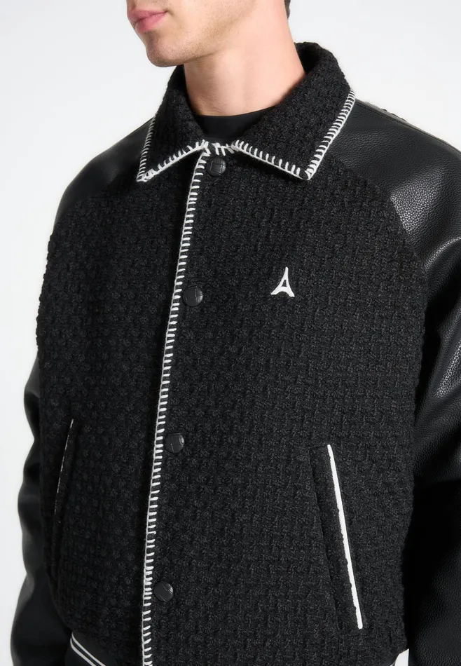Men Manire De Voir Tweed and Leather Varsity Jacket Black