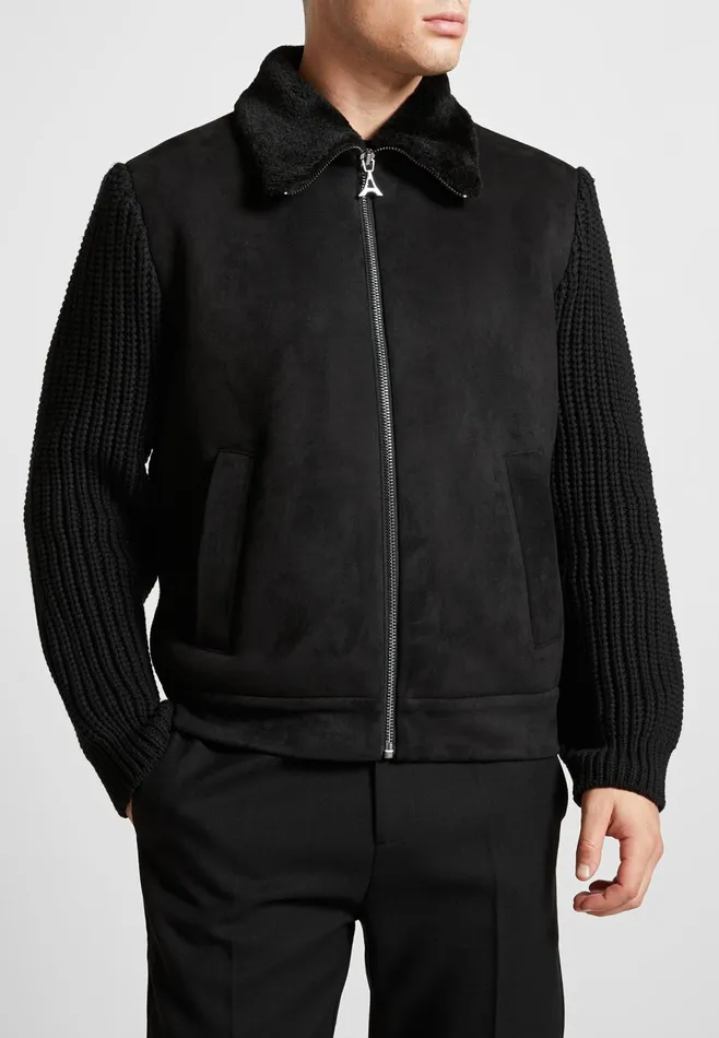 Men Manire De Voir Vegan Suede Shearling and Knit Jacket Black
