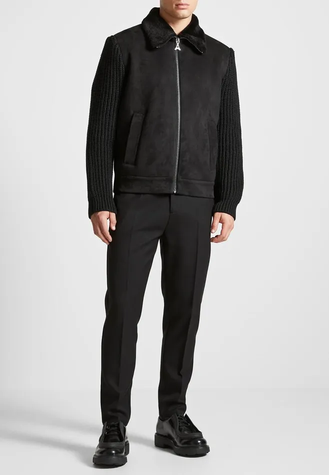 Men Manire De Voir Vegan Suede Shearling and Knit Jacket Black