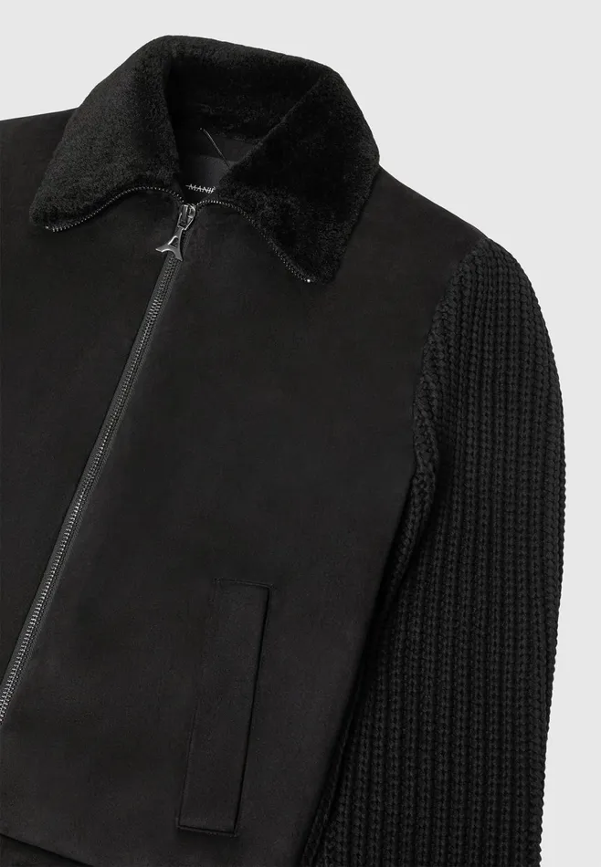 Men Manire De Voir Vegan Suede Shearling and Knit Jacket Black