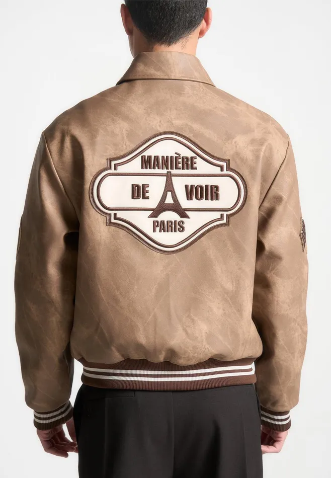 Men Manire De Voir Vintage Marble Varsity Jacket Brown