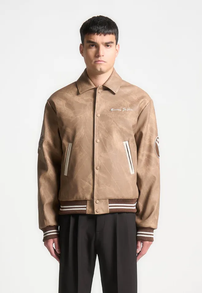 Men Manire De Voir Vintage Marble Varsity Jacket Brown
