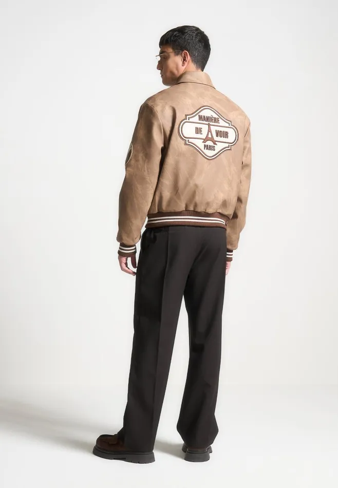 Men Manire De Voir Vintage Marble Varsity Jacket Brown
