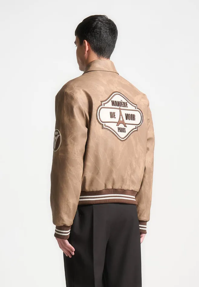 Men Manire De Voir Vintage Marble Varsity Jacket Brown