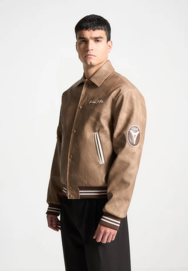 Men Manire De Voir Vintage Marble Varsity Jacket Brown